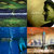 Four distinct pixelated scenes arranged in a 2x2 grid: top-left green and blue landscape, top-right yellow and black figure, bottom-left blue water with green elements, bottom-right orange and white structure.