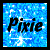 A 2x2 contact sheet of three animated frames showing a blue pixelated background with the word "Pixie" in black text, each frame displaying slight variations in text position and background sparkles.