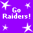 Purple background with white pixelated stars and repeated 'Go Raiders!' text in four quadrants.