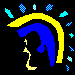 Animated sequence of a blue and yellow cartoon head with side profile, surrounded by small cyan fragments on black background.