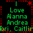 Green text on black background with red decorative elements, arranged in a pattern with repeated names and partial words