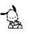 Animated contact sheet of a white cartoon dog mascot with black ears and yellow-purple striped shirt in various poses on gray background