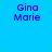 Blue background with repeated 'Gina Marie' text in dark blue, scattered green dots, and a gray rectangle in the bottom-right corner.