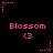 Pixelated pink text 'Blossom' with '<3' below, surrounded by pink and purple star-shaped animations on black background.