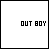 25 white with black borders displays evolving text and symbols, including 'FALL OUT BOY' variations, partial letters, and small downward-pointing arrows