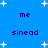 Blue background with white star shapes and repeated dark blue text reading 'me' and 'sinead' in pixelated font.