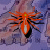 A pixelated orange and black insect-like creature with a yellow spot on its head, set against a blurred purple and pink background.