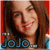 Pixelated static image of a person with long brown hair against red background, featuring blue text "Jojo" at bottom.