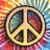 A composite image with a peace symbol, person making hand gesture, and text on red background.
