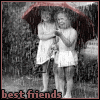 Two people stand under a red umbrella in a black-and-white outdoor scene with text "best friends" at the bottom.