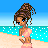 Pixelated beach scene with a woman in pink top walking on sand, repeated text 'i left my heart in' and 'california' across blue water background.
