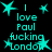 Cyan text and star shapes on black background, repeating 'I love Paul fucking London' with pixelated stars scattered throughout the composition.
