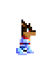 Pixelated dog avatar in blue and white outfit with red accents, shown in four side views with slight pose variations.