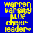 Yellow pixelated text on blue background reads 'warren varsity blue cheer-leader' with a small star symbol, displayed in two identical vertical