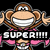 Animated monkey character in pink cape with white belt, smiling widely and gesturing with both hands; text "SUPER!!!!!" appears on left frame.