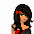 Pixel art character with black hair, green eyes, red bow, black and red striped sleeves, black crop top, black skirt, red leggings, and red boots.