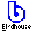 Pixelated blue and white lowercase 'b' icon with the word 'Birdhouse' in black pixelated text below on a gray background.