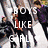 Pixelated image divided into four quadrants with text overlays: top-left shows 'BOYS LIKE GIRL' over a group, top-right has 'heels over head' on blue circles, bottom-left displays 'dance hall drug' on colored squares, bottom-right is gray.