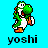 Pixelated green dinosaur with white belly and orange feet stands in profile, mouth open, against colored backgrounds.