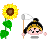 Pixel art of a sunflower and two character states holding a flag, with one state showing closed eyes and a peace sign.