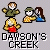 Pixel art image with four distinct characters above bold text reading 'DAWSON'S CREEK' on a gray background.