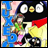 Pixelated image of a character with large white eyes and a yellow nose on a black background, wearing a red cape and green shirt, with blue and pink shapes in the background.