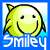 A 4x3 contact sheet of a yellow cartoon petpet with small horns, smiling face, and blue background displaying the word "Smiley" in white text across all frames.