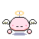 Pixelated pink angel with yellow halo, white wings, and small round limbs in four distinct poses against gray background.