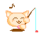 Pixelated cat avatar with brown stripes, pink nose, and closed eyes holding a fishing rod with blue line and red tip, showing multiple animation states including winking, open eyes, and catching a blue fish.