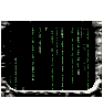 Green digital rain flows downward on a black background within a rounded rectangular frame with white and gray border details.