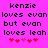 Pixelated text on bright pink background with two identical of black text and heart symbols, each containing 'kenzie loves evan but evan loves leah' followed by five red hearts