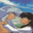 Pixelated static image of two anime-style characters in a close embrace against a blue sky background with white clouds, rendered at low resolution on a gray backdrop.
