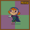 Pixel art character with orange hair and blue headband walks in green-purple background, followed by same character without cape, then a different character walking.