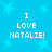 Blue background with light blue stars and repeated white text "I LOVE NATALIE!" in pixelated font.