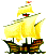 Pixelated yellow sailing ship with brown hull and red flag, shown in three sequential states against gray background.