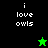 Pixelated text 'i love owls' in white on green and black backgrounds with a small star icon changing color.