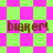 Pixelated text 'biaker!' appears on a checkered background with alternating pink and green squares, transitioning to a diamond-patterned layout.