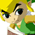 Pixelated 50x50 AIM buddy icon of a cartoon character with blonde hair, green tunic, and brown pants in profile view against white background.