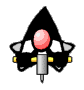 A 4-frame animated contact sheet of a cartoon rocket icon with black triangular body, white wing sections, yellow side accents, and red circular nose cone against gray background.