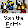 Animated contact sheet of a 'Spin the Bottle' themed buddy icon showing multiple frames with cartoon characters and text bubbles.