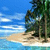 Pixelated beach scene with blue sky, water, sand, and green trees on the right.