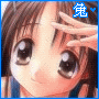 Anime-style character with brown hair and large eyes, hand near forehead, blue text above head, heart symbol changes from solid to hollow.
