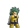 Pixelated character with green spiky hair and red eyes in yellow armor, performing sequential attack animations against a gray background.