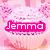 Pixelated image with pink background and text 'Jemma' in magenta, surrounded by hearts and clouds.