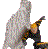 Pixelated figure in dynamic pose with extended arm, wearing dark pants and multicolored torso against gray background.