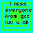 Four identical pixelated text on green and blue backgrounds with 'i miss everyone from gcc luv u all' in dark brown letters