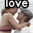 Two figures in a close embrace with one figure holding the other's face, under large pixelated text reading 'love' on a light background.