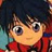 Pixelated anime-style character with dark blue hair, large gray eyes, and a red garment against a dark background with teal and red accents.
