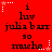 Red background with repeated text and star patterns; 'i luv julia barr so mucho' in black pixelated font, stars alternate between white and pink.