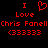 Red pixelated text and symbols on black background, displaying "I Love Chris Fanell (33333)" with heart symbol replacing 'L' in "Love".